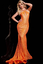 model wearing Jovani 36640 orange gown with sequin pattern front view