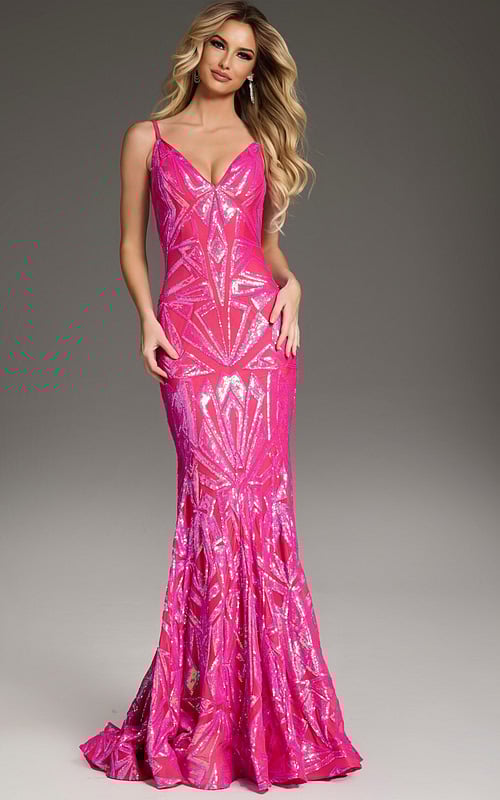 Model wearing Jovani 36656 pink gown with sequined mermaid silhouette and V-neckline.