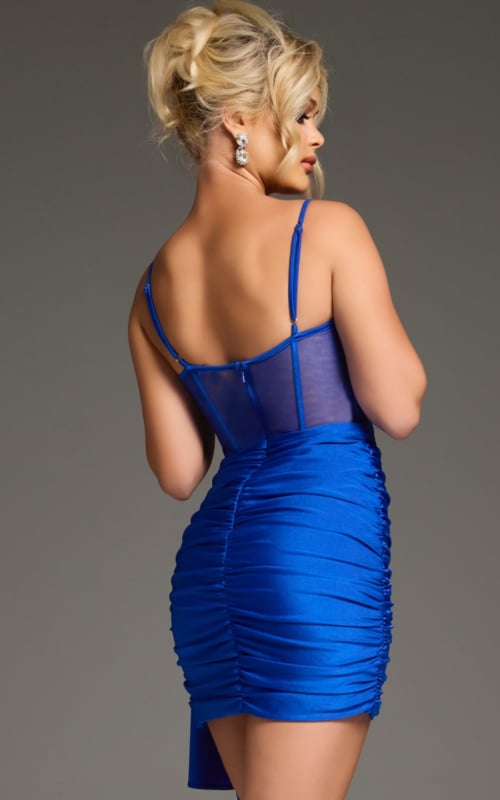 Model wearing Jovani 36668 royal blue mini dress back view.
