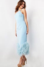 Side view of model wearing Jovani 36675 light blue dress with fitted design and feather details at hem.