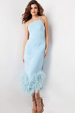 Model wearing Jovani 36675 light blue dress with asymmetric neckline and feathered hem, front view.