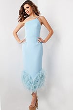 Model showcasing Jovani 36675 light blue dress with asymmetrical neckline and feathered hem, full length front view.