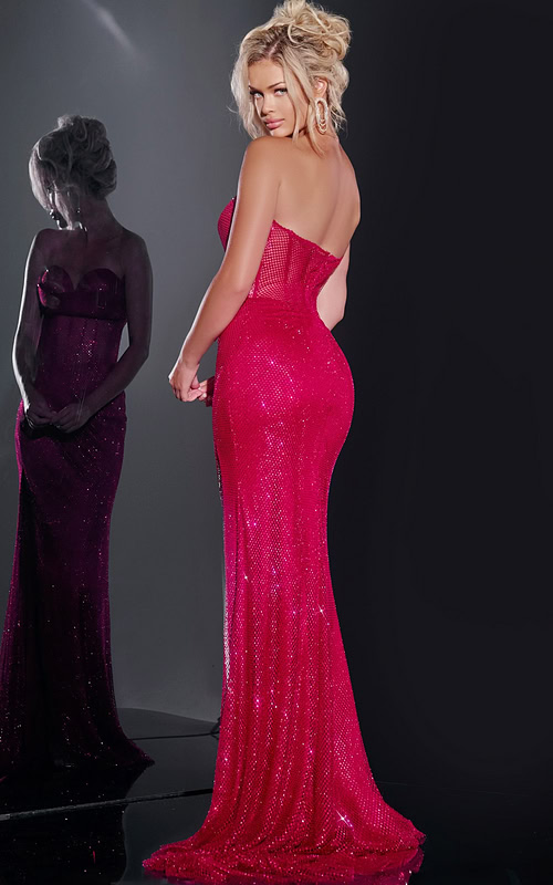 Back view of Jovani 36684 burgundy dress with shimmering texture