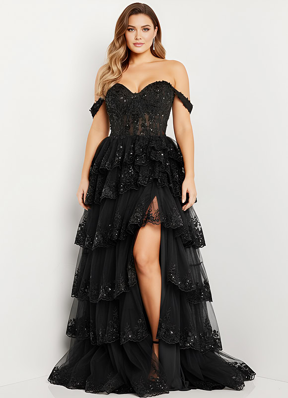 Jovani 36687 plus size black off shoulder tiered ball gown