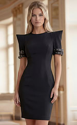 Jovani 36690 black structured mini dress with crew neckline, exaggerated shoulder short sleeves, and gold buckle strap detailing at the cuffs.