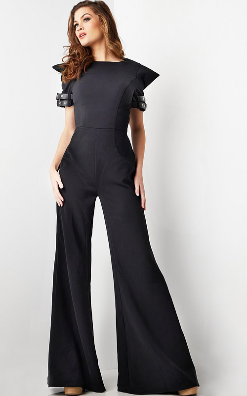 model wearing Jovani 36692 elegant black jumpsuit with structured sleeves and buckle details