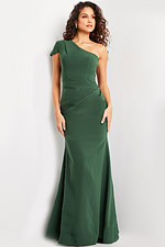 model wearing Jovani 36699 green one-shoulder floor-length gown front view