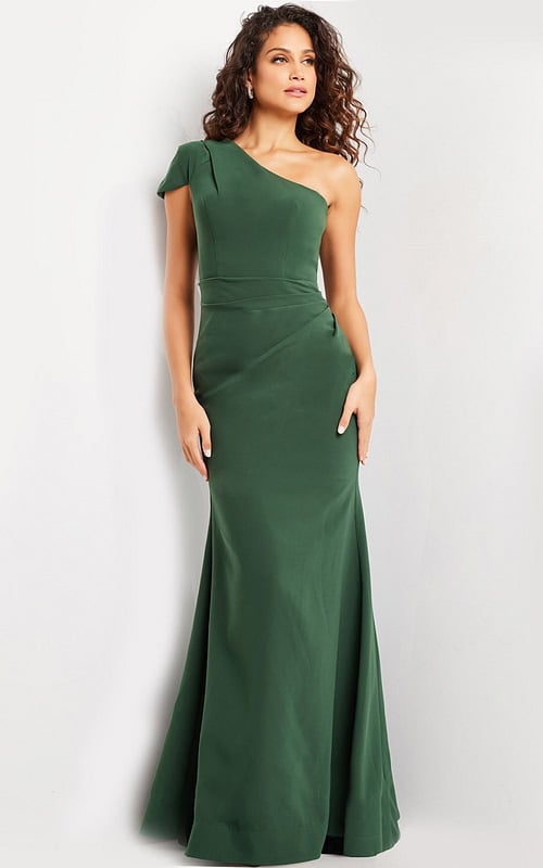 model wearing Jovani 36699 green one-shoulder floor-length gown front view