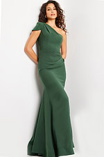 model wearing Jovani 36699 green one-shoulder gown additional front view