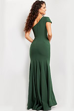 model wearing Jovani 36699 green one-shoulder gown back view