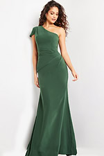 model wearing Jovani 36699 green one-shoulder gown angled front view