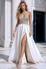 Front view of Jovani style 36700 ivory satin gown with gold beaded plunging sweetheart bodice and high slit