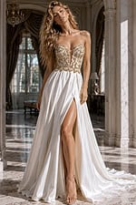 Full-length front view of Jovani style 36700 ivory satin A-line gown with gold beadwork and front slit
