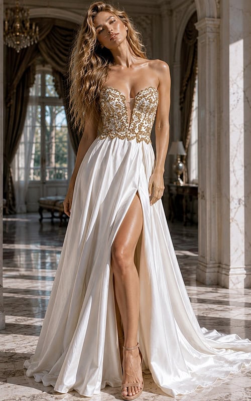 Full-length front view of Jovani style 36700 ivory satin A-line gown with gold beadwork and front slit