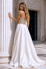 Back view of Jovani 36700 white satin gown showing flowing A-line skirt and beaded back bodice