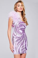 Model wearing Jovani 36713 Lilac dress with one-shoulder and feather detail.