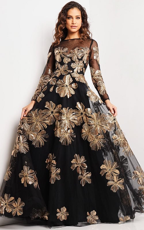 Model wearing Jovani 36716 black gown with gold floral embroidery, front view.