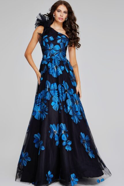 model wearing Jovani 36717 navy gown with floral appliques front view