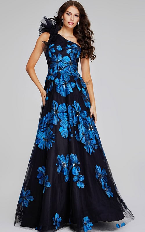 model wearing Jovani 36717 navy gown with floral appliques front view