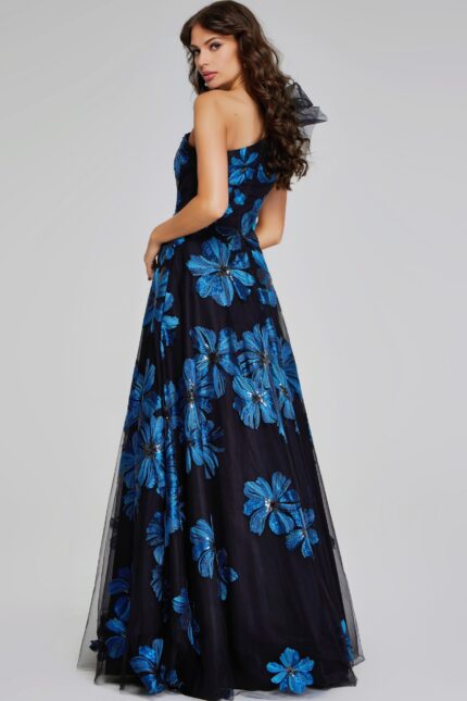 model wearing Jovani 36717 navy gown back view