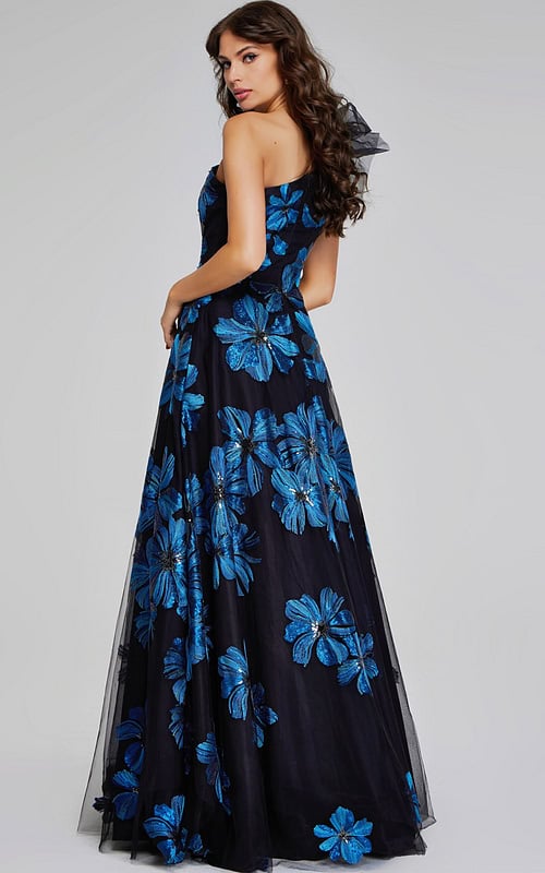 model wearing Jovani 36717 navy gown back view