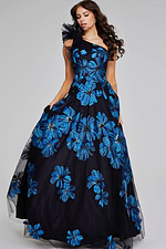 Jovani 36717 navy gown back view with applique details