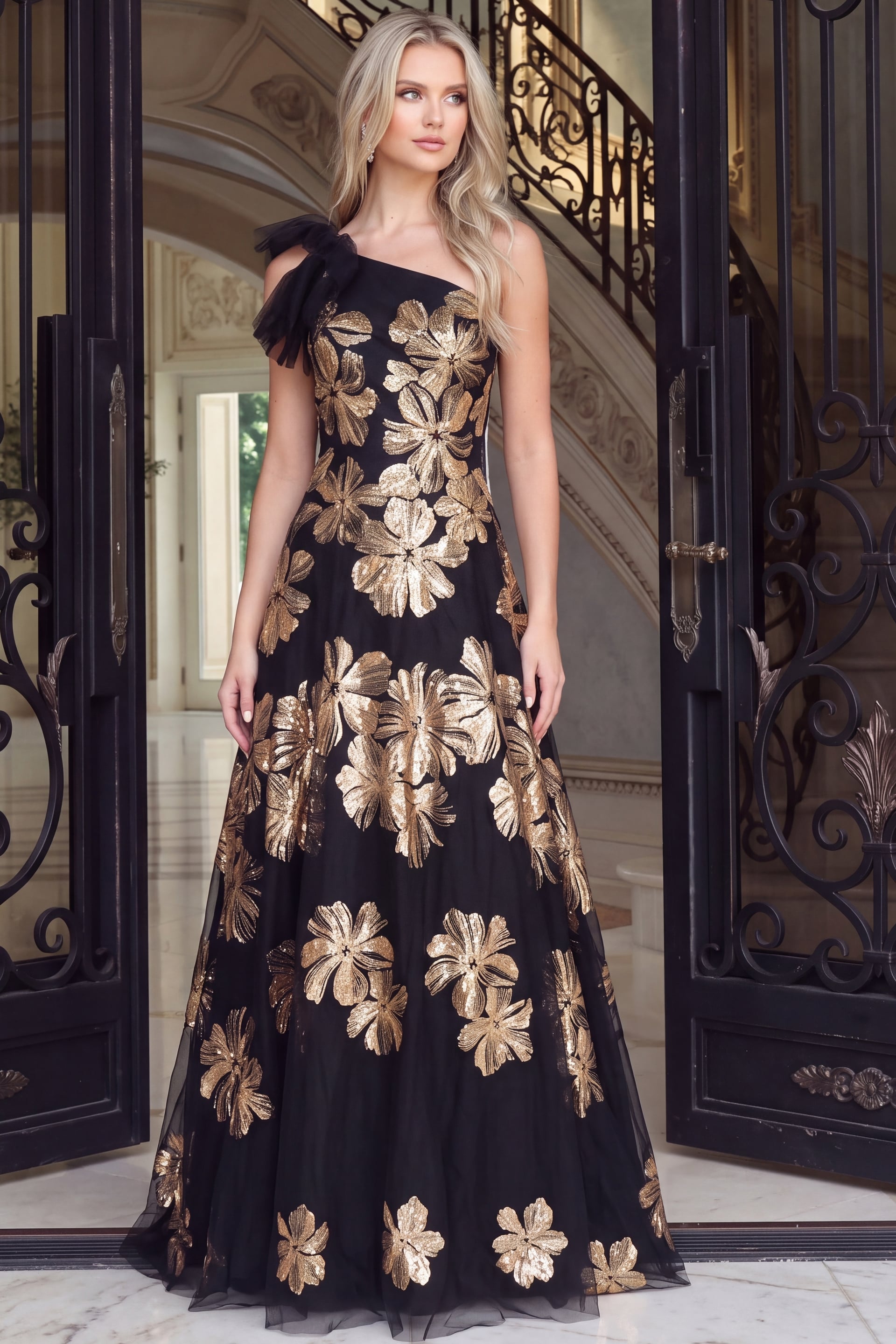 Brown Black Floral A Line Gown 36717 | Jovani