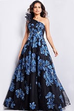 model showcasing Jovani 36717 navy gown with floral design