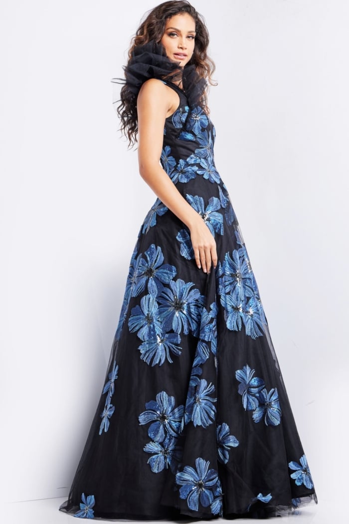 side view of model in Jovani 36717 navy floral gown