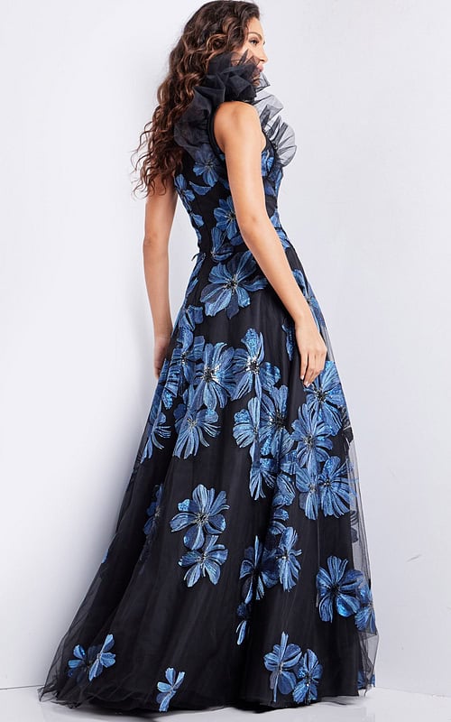 back view of Jovani 36717 navy gown with floral appliques