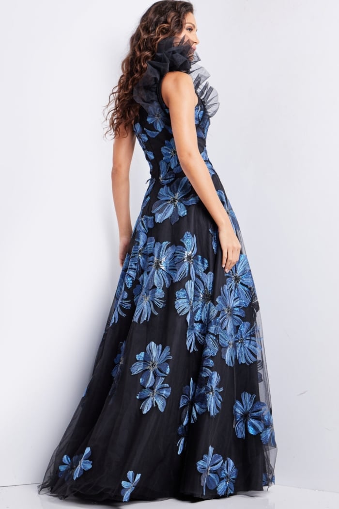 back view of Jovani 36717 navy gown with floral appliques