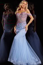 Model wearing Jovani 36730 light blue mermaid gown with sparkling embellishments.