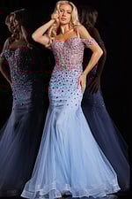 Front view of model wearing Jovani 36730 light blue dress with a sweetheart neckline and embellishments.