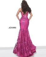 Model wearing Jovani 3675 pink mermaid gown with lace detailing, front view