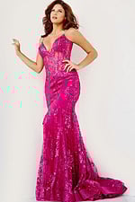 Model wearing Jovani 3675 Mermaid Corset Bodice Dress