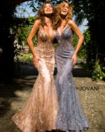 Models wearing Jovani 3675 dress in blush and gray with sequin details.