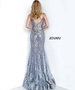 Rear view of Jovani 3675 in blue with a low-cut back and detailed sequin design.
