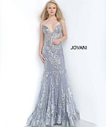 Front view of Jovani 3675 in blue showcasing the elegant neckline and figure-hugging fit.