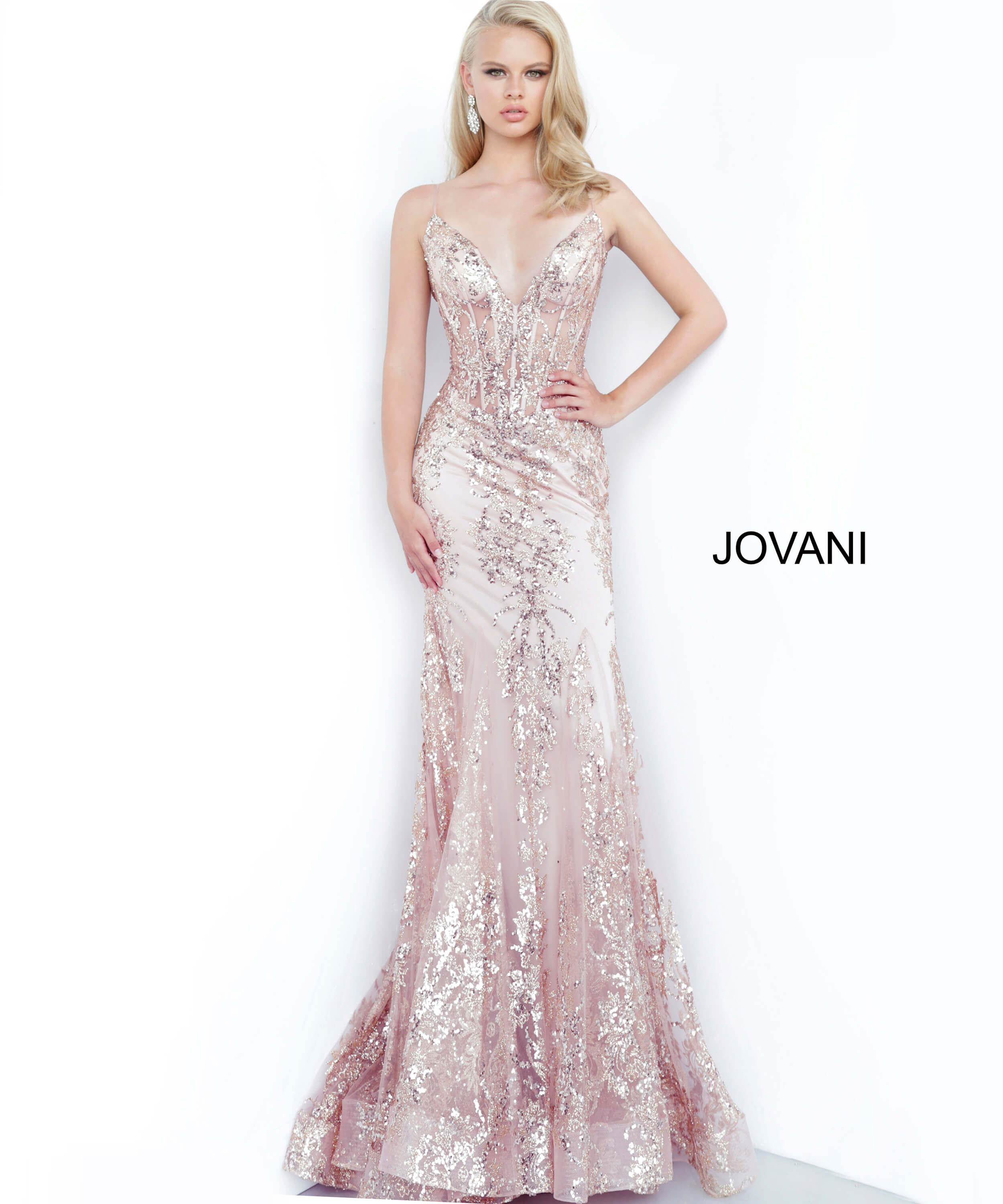 Model wearing Jovani 3675 Spaghetti Straps Embellished Dress
