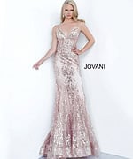 Model wearing Jovani 3675 rose gold mermaid gown with lace detailing, back view