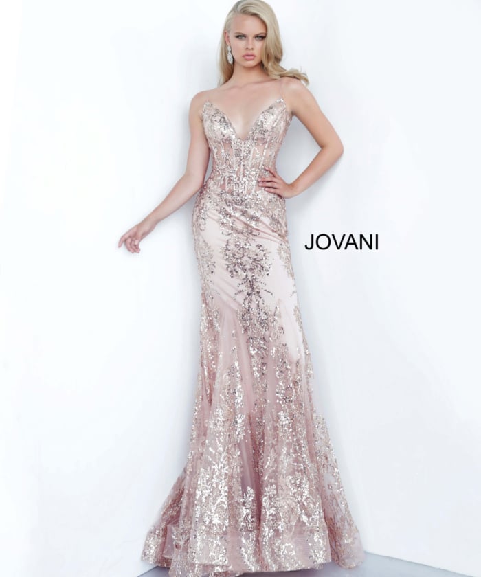 Model wearing Jovani 3675 Mermaid Corset Bodice Dress