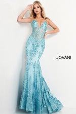Model wearing Jovani 3675 Mermaid Corset Bodice Dress