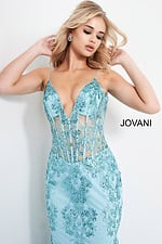 Model wearing Jovani 3675 Mermaid Corset Bodice Dress