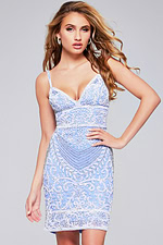 Model wearing Jovani 36782 elegant blue dress with V-neckline and intricate beadwork, front view.
