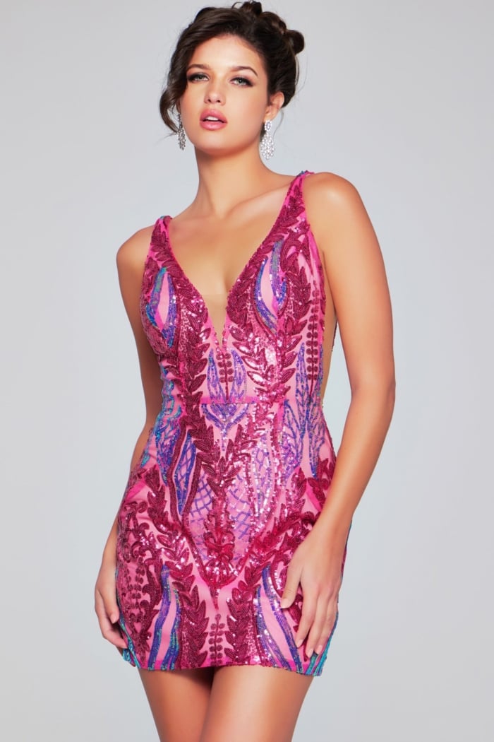 Model wearing Jovani 36784 vibrant pink sequin dress, front view.