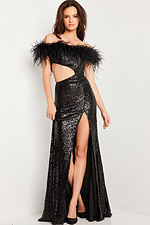 Model wearing Jovani 36808 black dress with off-shoulder feather detailing and high slit, front view.