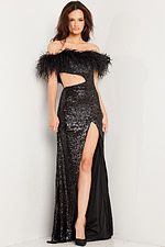 Model wearing Jovani 36808 black dress with off-shoulder feather detailing and high slit, full front view.
