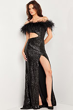 Model wearing Jovani 36808 black dress with off-shoulder feather detailing and high slit, front angled view.