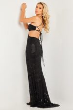Silhouette of Jovani 36810 black evening gown with high slit, back view