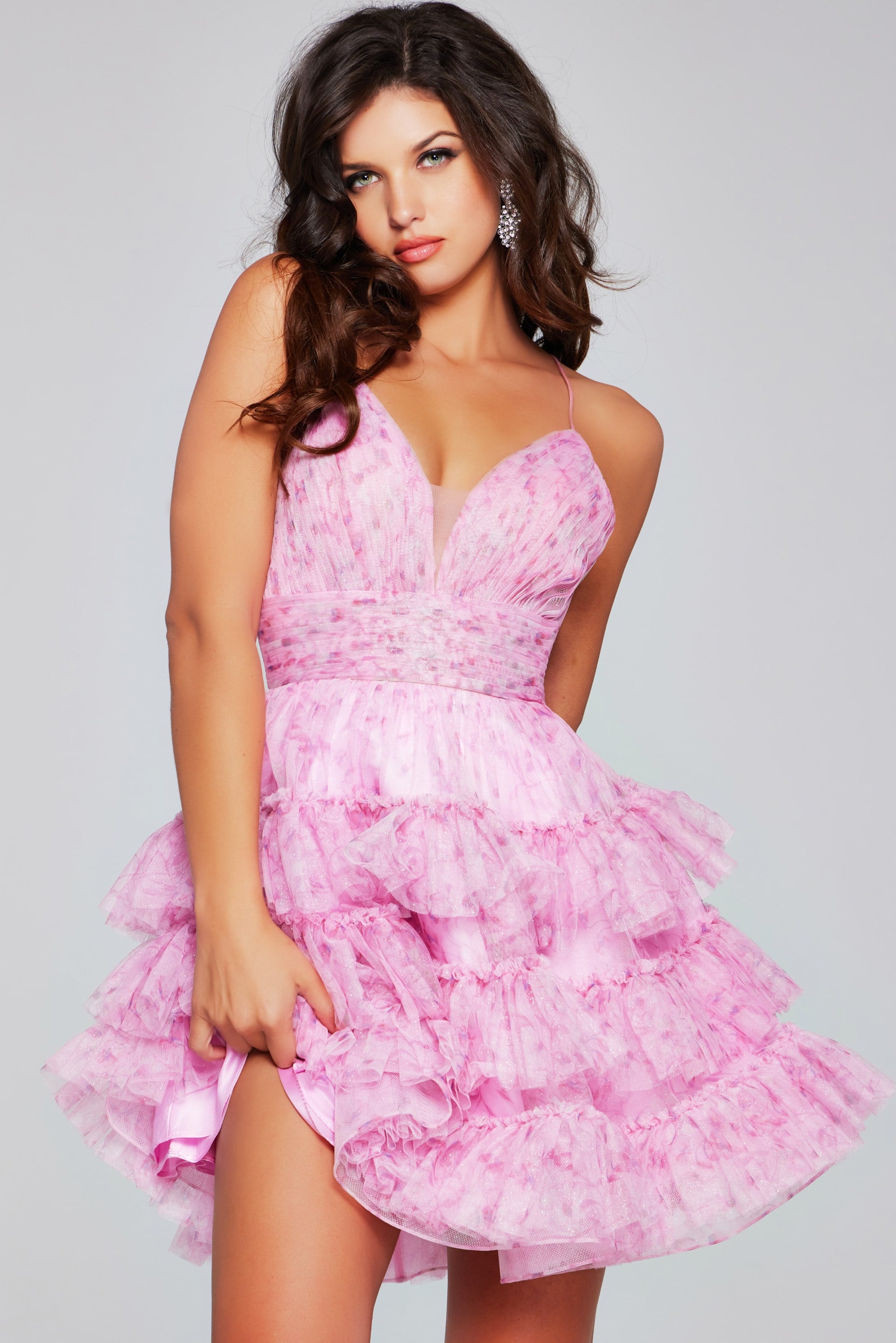 36844-201.jpg model wearing Jovani 36844 pink dress with V-neck and ruffled tulle